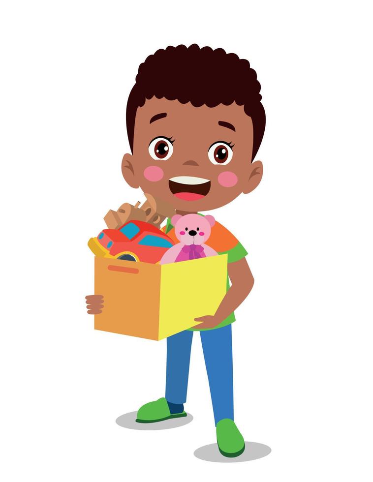 cute boy picking up his toys in the toy box vector