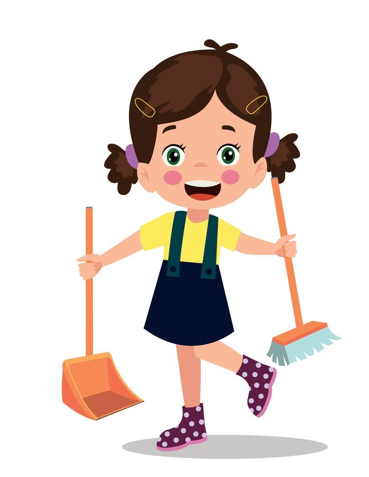 cute little boy cleaning with broom and shovel vector