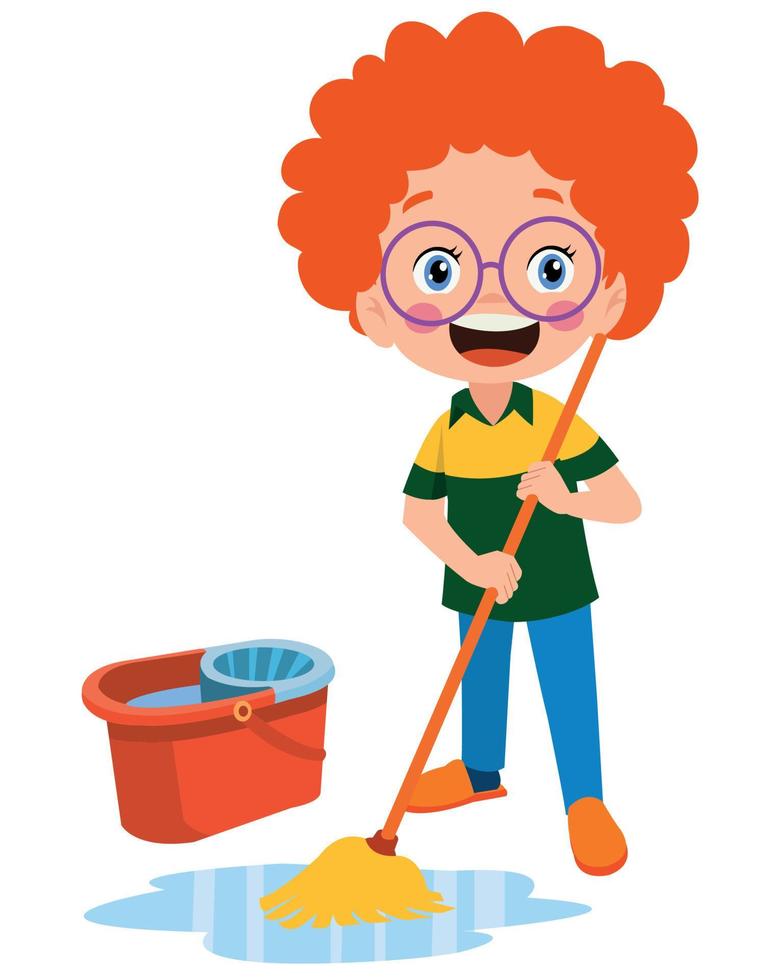 cute little boy cleaning with mop vector