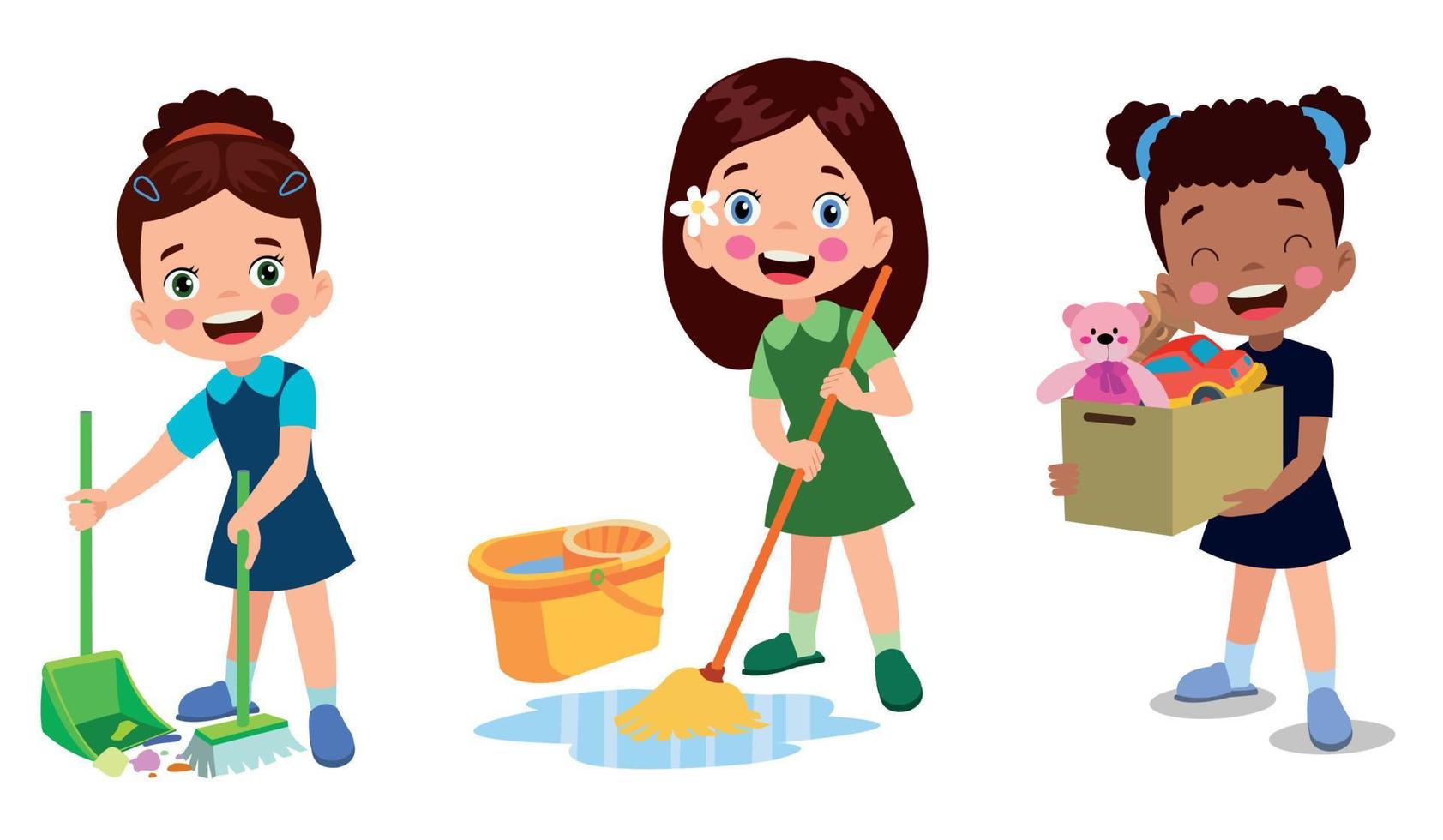niños de dibujos animados vectoriales que limpian en casa colocan a los niños en varias posiciones de limpieza vector