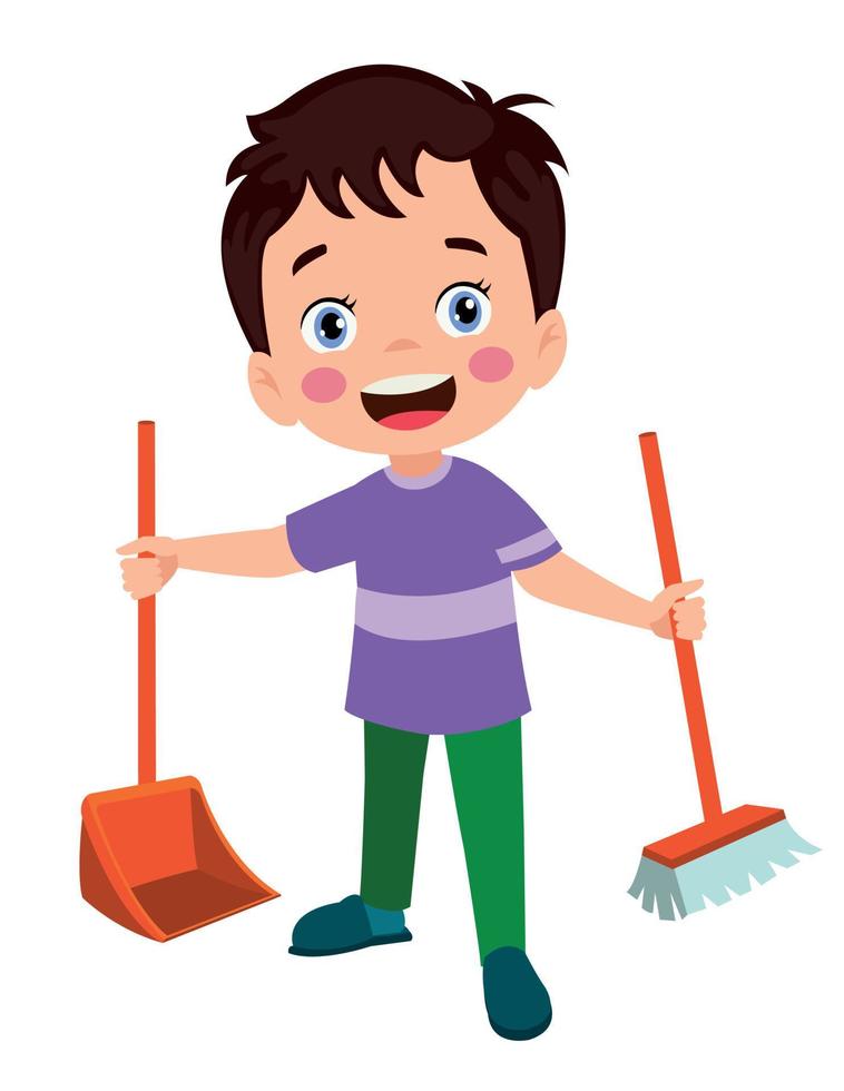 cute little boy cleaning with broom and shovel vector