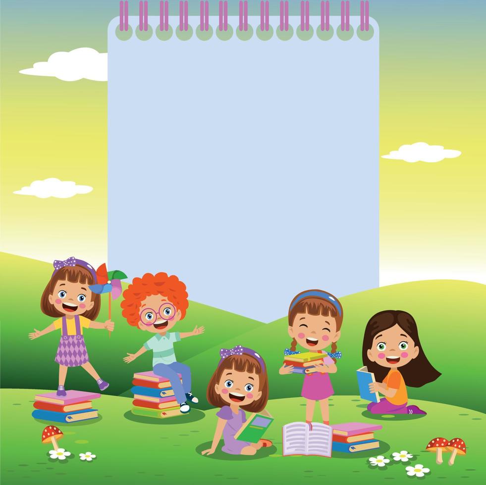 nature outdoor with cute kids books and letter cubes vector