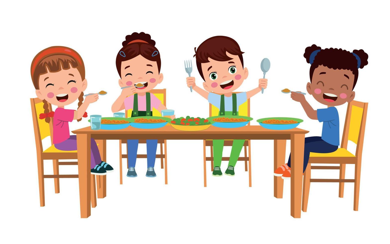 cute little boy eating at the dinner table vector