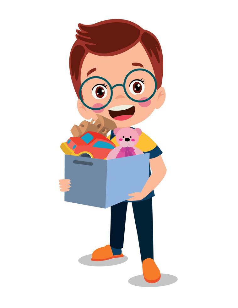 cute boy picking up his toys in the toy box vector