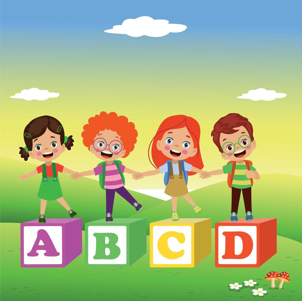 nature outdoor with cute kids books and letter cubes vector