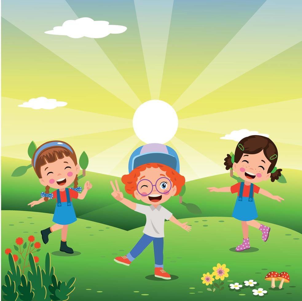 Jumping kids. Happy funny children playing and jumping in different action poses education little team vector characters. Illustration of kids and children fun and smile