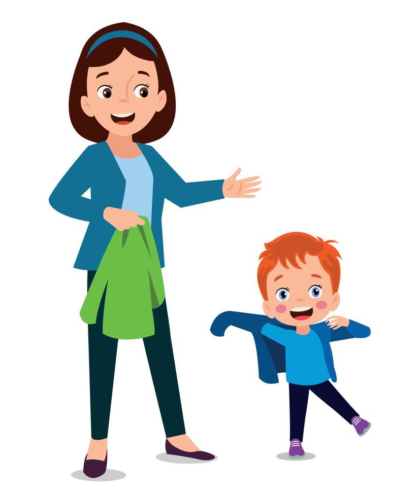 cute boy dressing up with his mother vector
