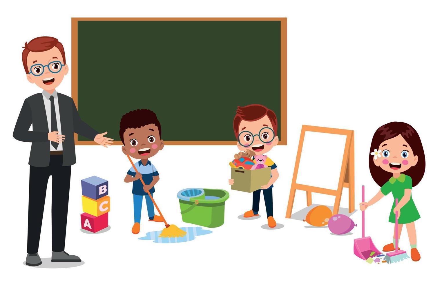 cute students cleaning classroom at school vector