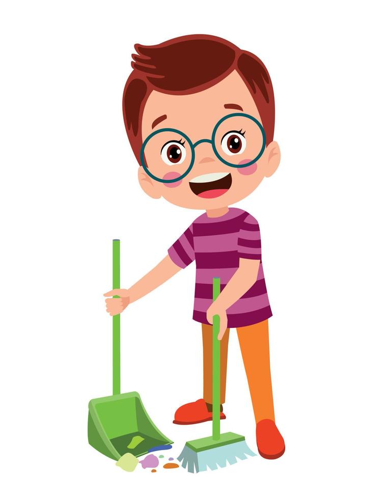 cute little boy cleaning with broom and shovel vector