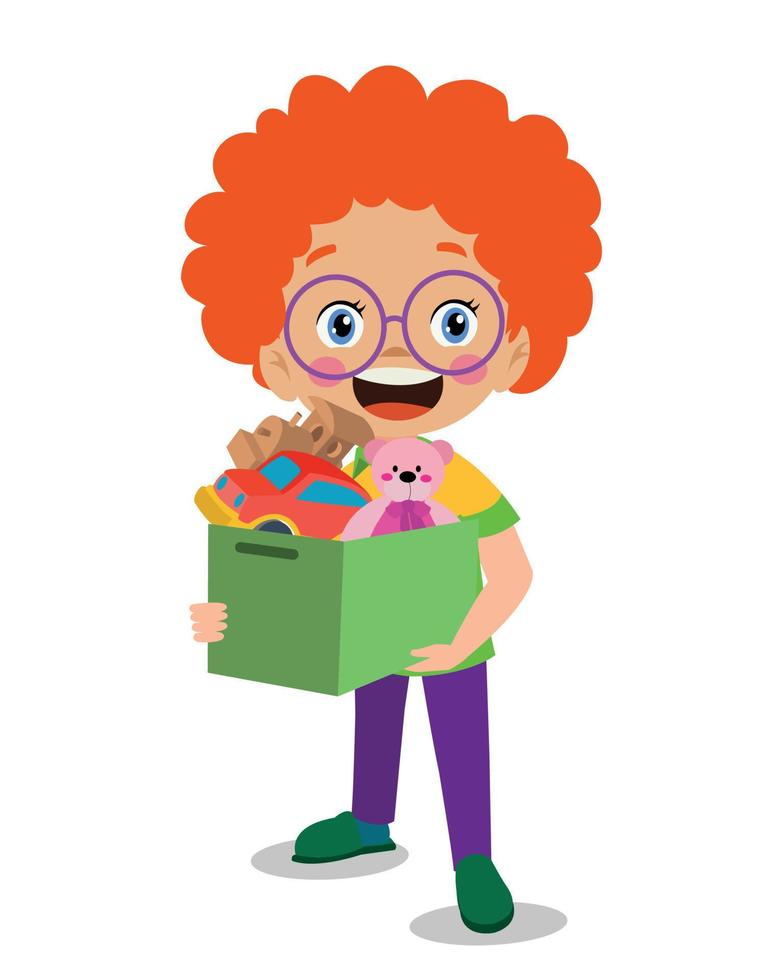 cute boy picking up his toys in the toy box vector