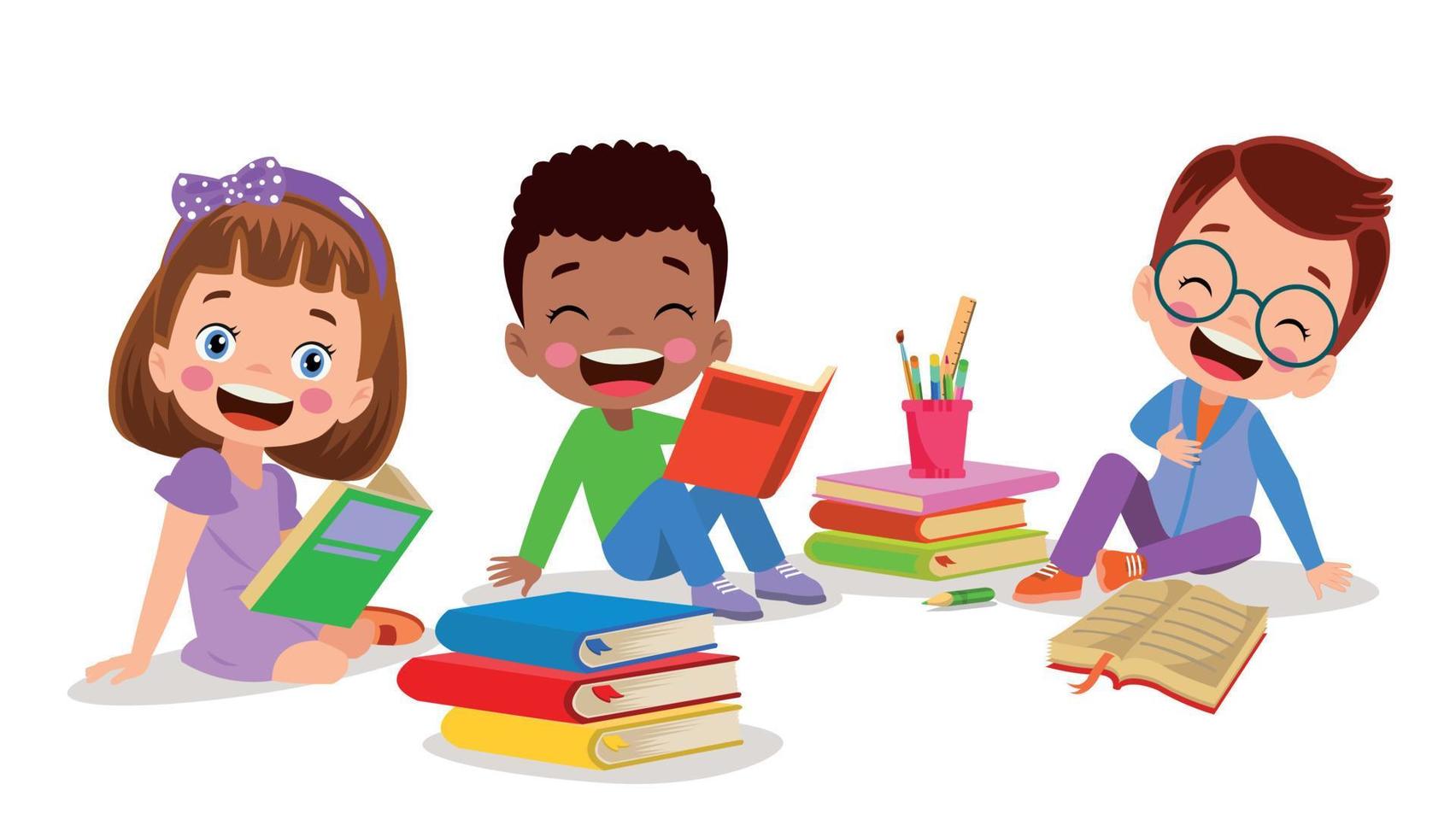 cute little kids having fun reading books vector