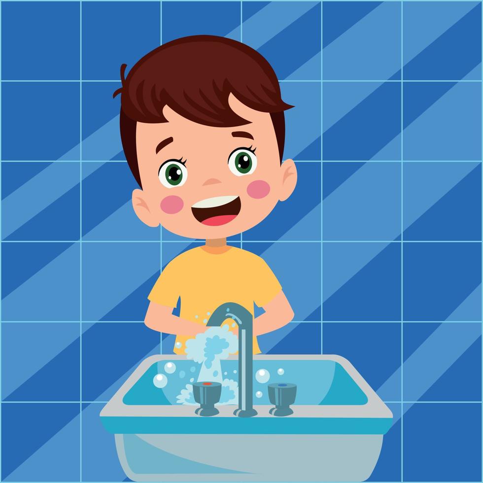 happy cute little kid boy wash hand in sink vector