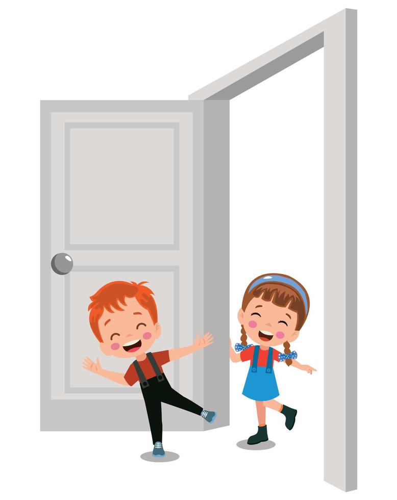 cute boy meeting his friend at the door vector