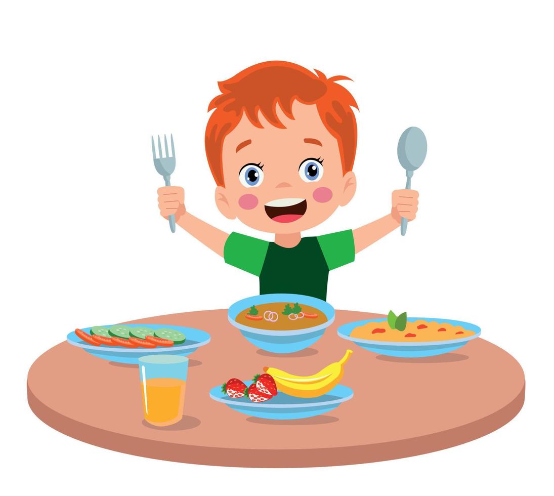 cute little boy eating at the dinner table vector