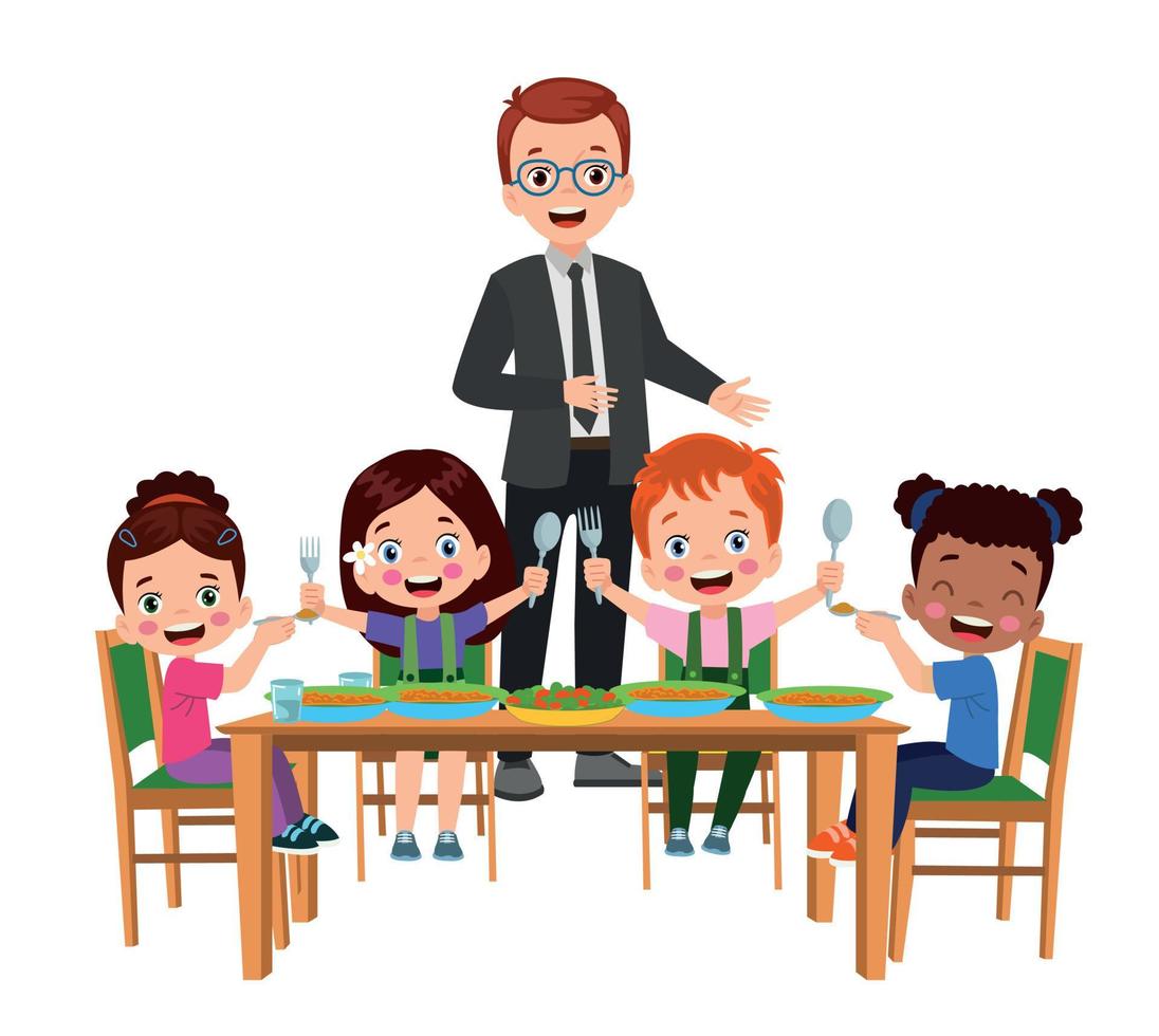 cute little boy eating at the dinner table vector