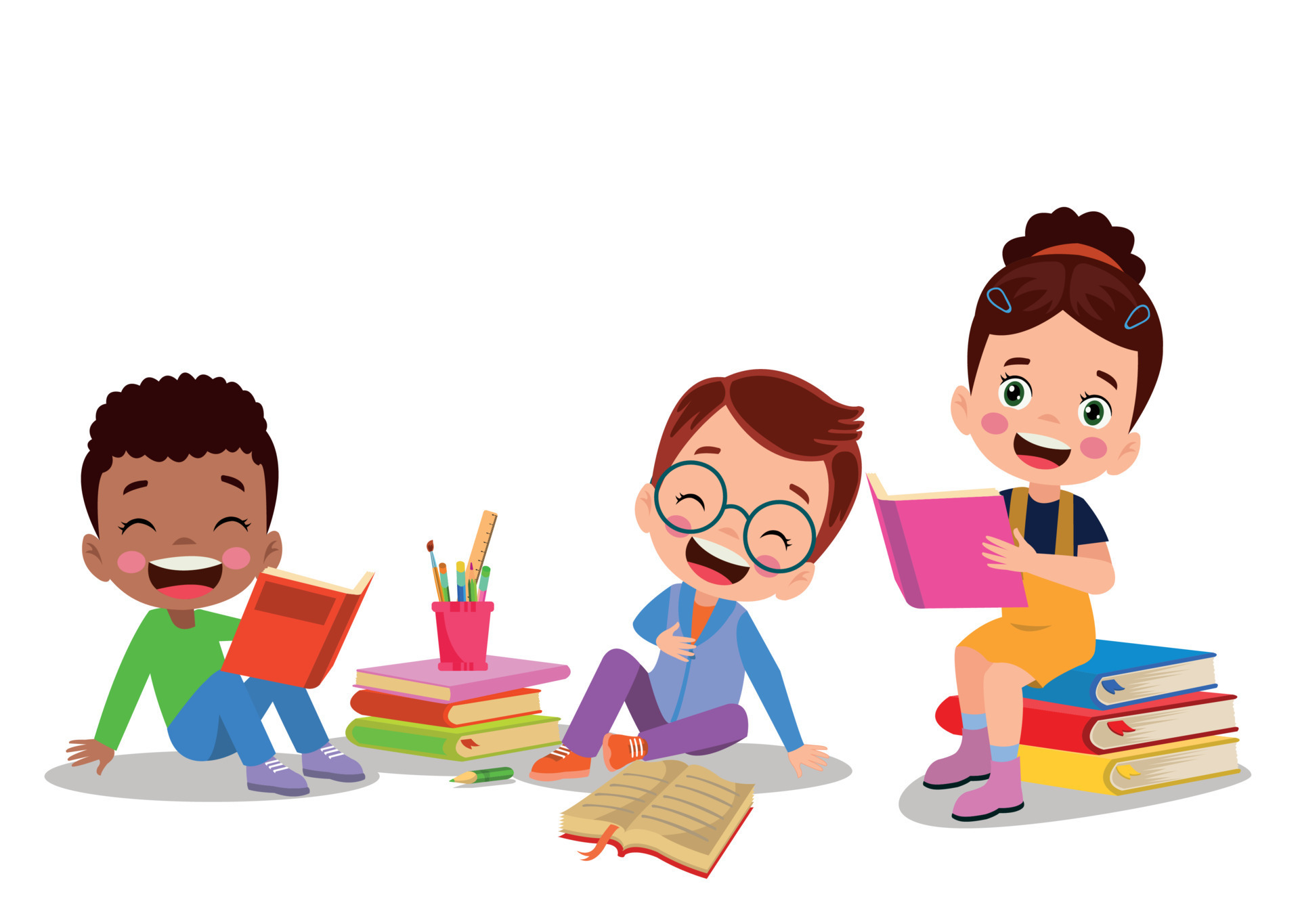 Cute Little Kids Having Fun Reading Books 16059389 Vector Art At Vecteezy