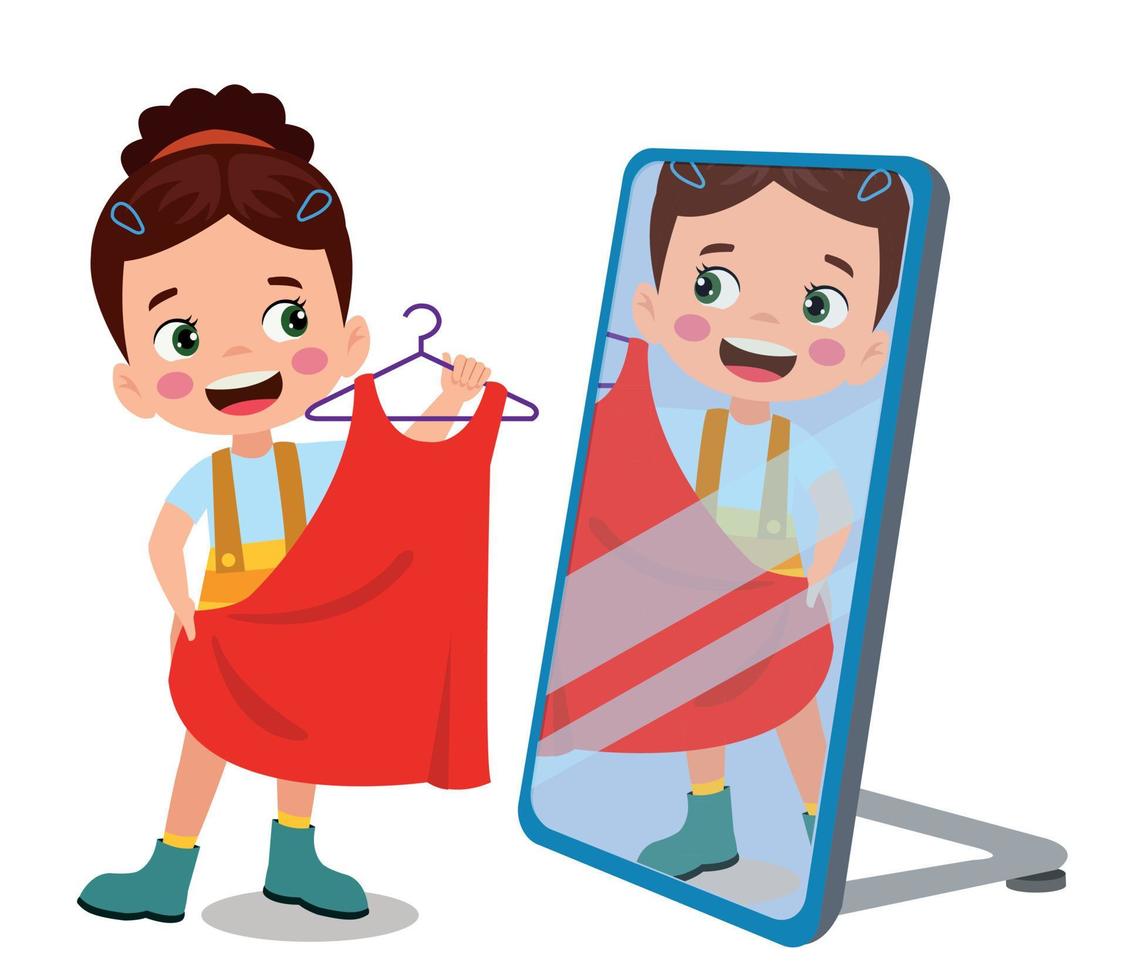 happy little boy standing in front of mirror looking his reflection with new clothes vector