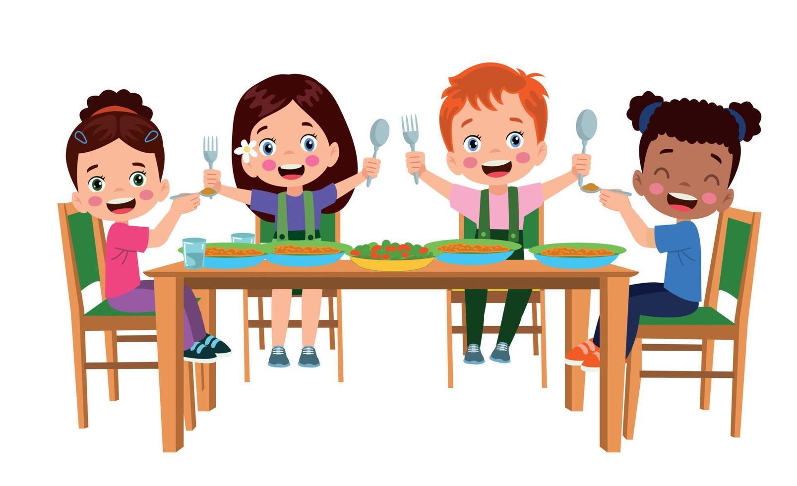 cute little boy eating at the dinner table vector