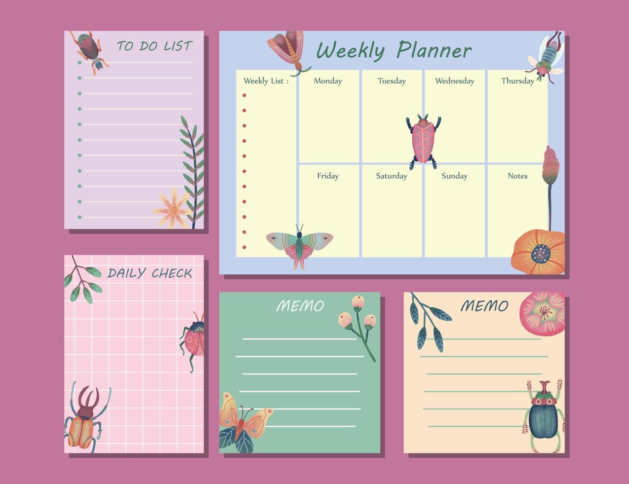 Colorful Spring Insects Journal Pages Template vector