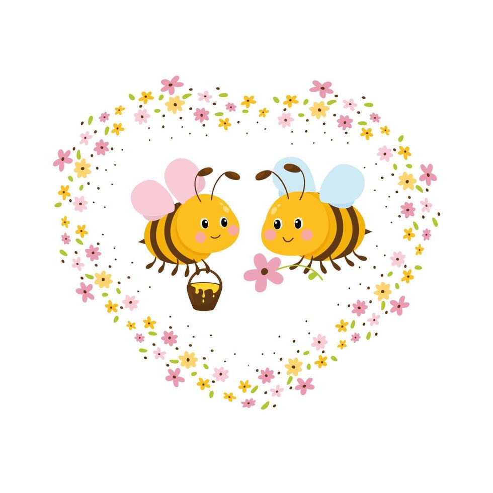 conjunto de dos lindas abejas amigables. ilustración vectorial animal de abeja sobre fondo blanco en estilo de dibujos animados. vector