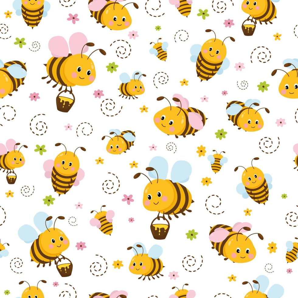 Cartoon vector seamless with flying cute bees on white background. Summer pattern for kids.