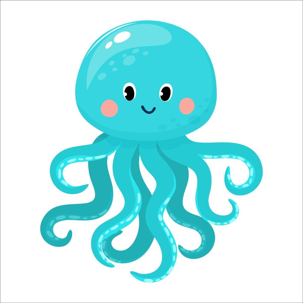 Vector illustration of cute octopus isolated in cartoon style on white background. Use for kids app, game, book, clothing print T-shirt print, baby shower.