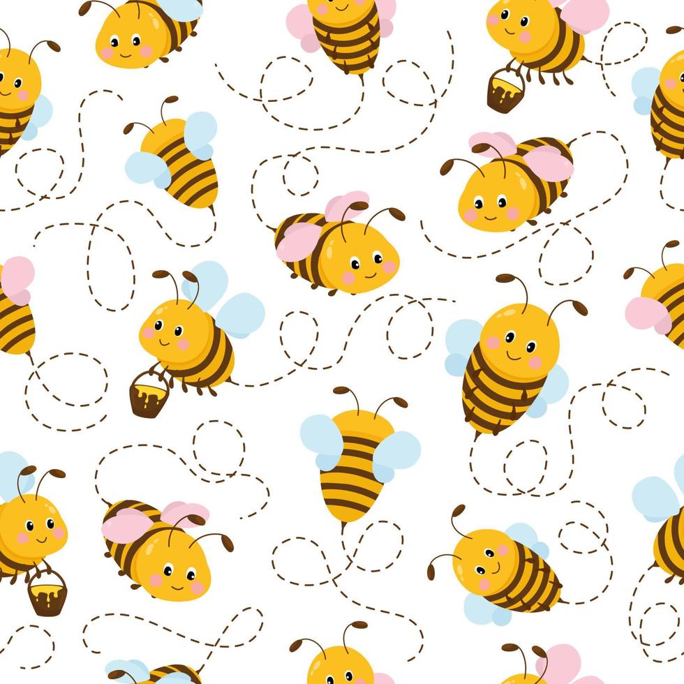 Cartoon vector seamless with flying cute bees on white background. Summer pattern for kids.