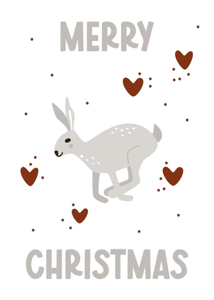 Postcard with a rabbit symbol of the year 2023 and a greeting inscription in the hygge style. Greeting card with Christmas holidays vector
