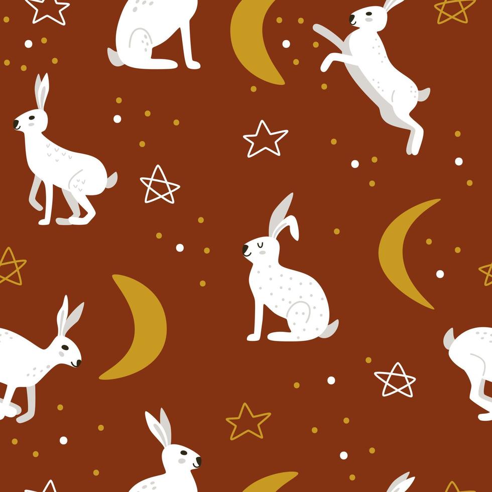 White hares between the stars and the moon on a red background in hygge style. Cute seamless vector pattern in childish cartoon print.
