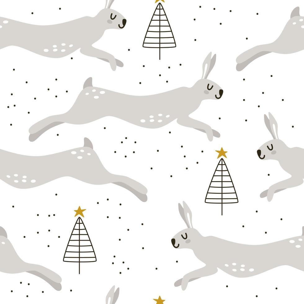 Cute rabbits between Christmas trees in a pine forest in the style of minimalism. Vector seamless print for baby fabric or wallpaper. Scandinavian print to celebrate Christmas and the New Year