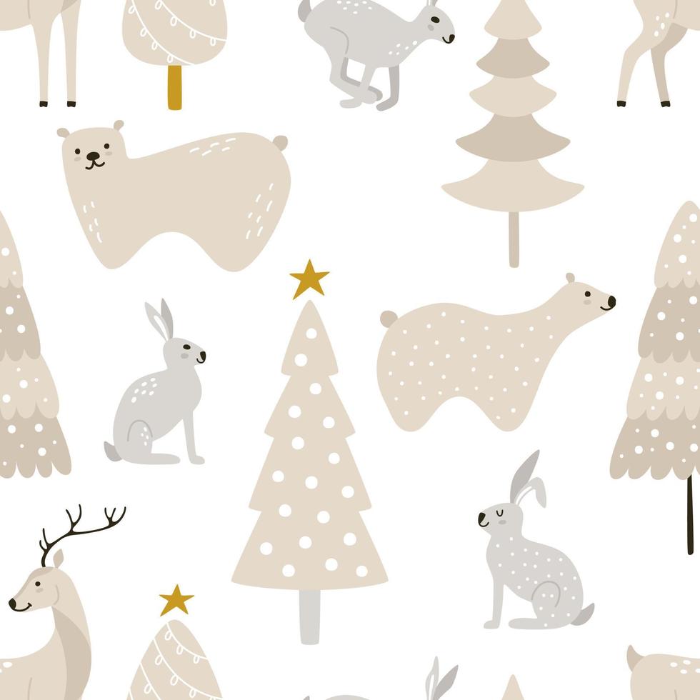 Cute winter animals in the snowy pine forest in Nordic style. Seamless vector pattern with hares, bears, and deer. New Year and Christmas holidays