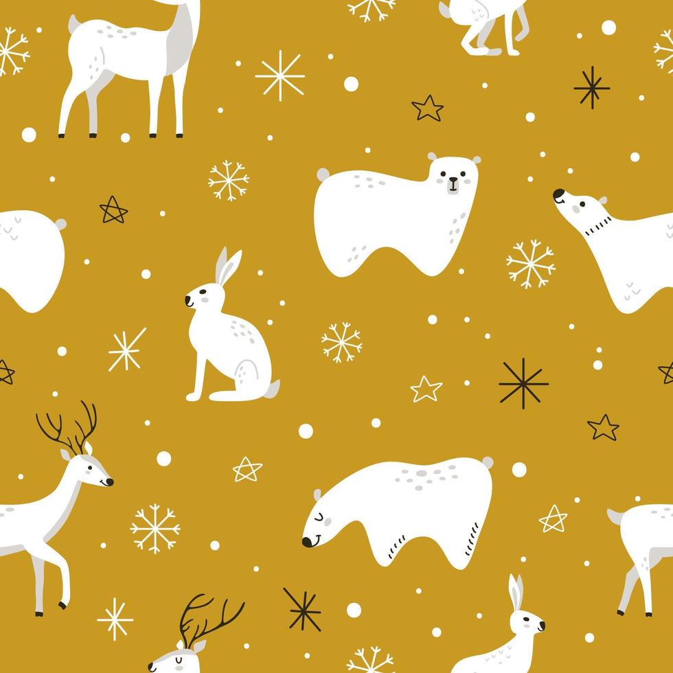 Cute white winter animals under snowfall in hygge style on yellow background.. Seamless vector pattern with hares, bears and deer. New Year and Christmas holidays
