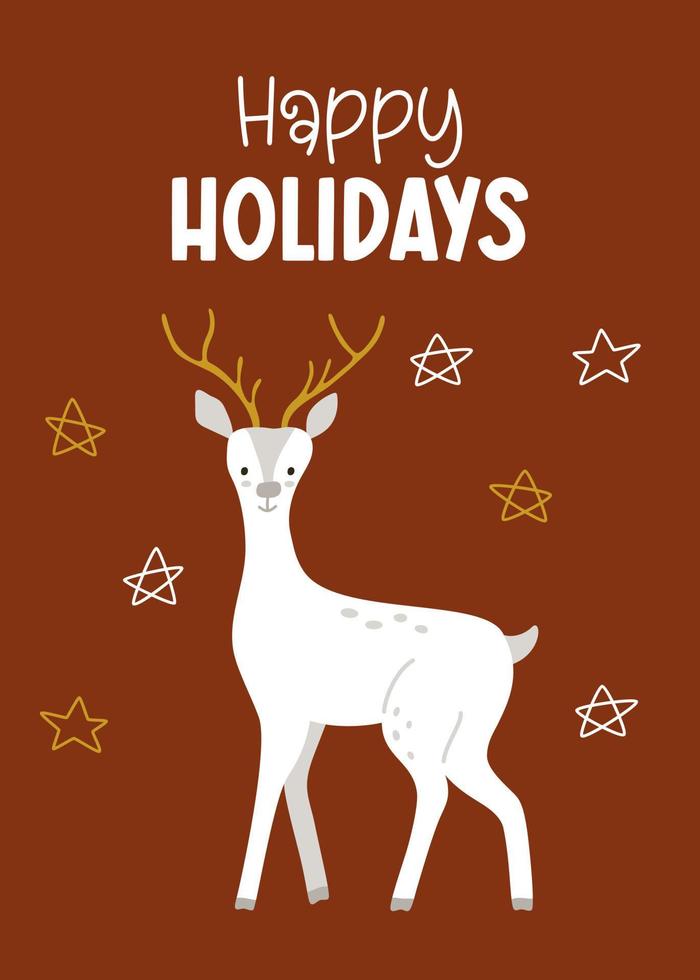 Holiday card with a cartoon deer and a congratulatory inscription in hygge style. Greeting card for happy winter holidays, Christmas and New Year vector