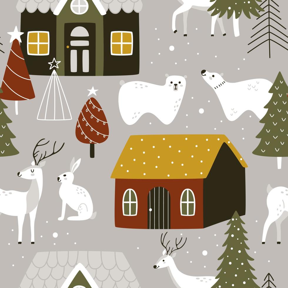 Hand-drawn winter forest animals with houses and Christmas trees. Rabbits, bears, and deer on a seamless vector pattern. New Year and Christmas illustration.