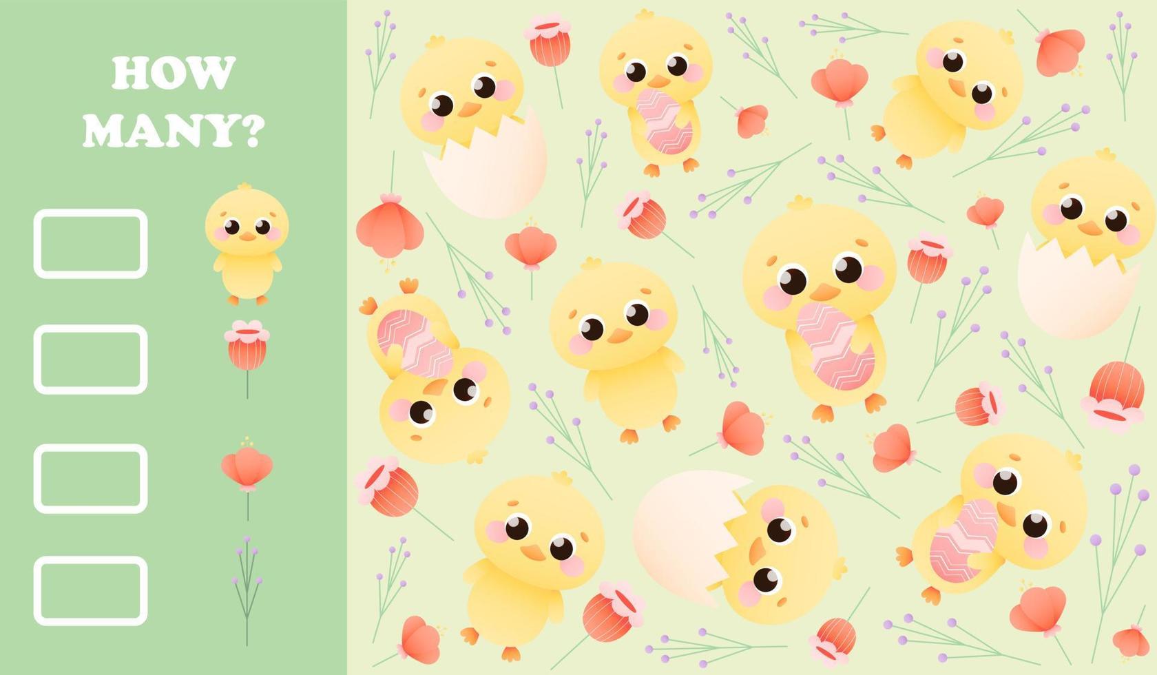 Easter educational quiz for kids, how many game with chicks, flowers, spring holiday theme on green background, printable math activity for children, search game vector