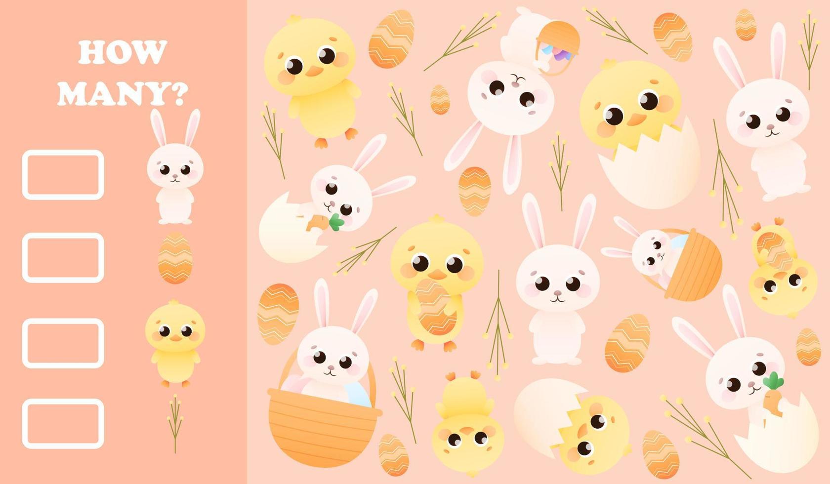 Printable educational worksheet with counting game for kids, cute animal characters - bunny and chicks, easter theme, spring holidays and flowers, how many riddle for preschoolers vector