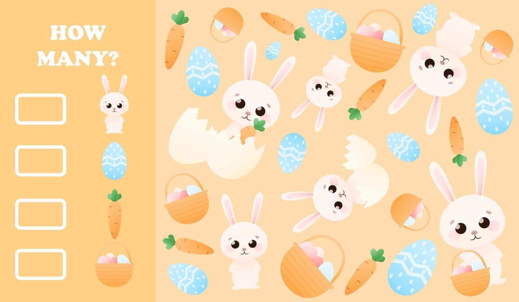 Colourful childish riddle for easter with cute rabbit character, basket with painted eggs and carrots, educational counting game for kids, printable worksheet for school or kindergarten vector