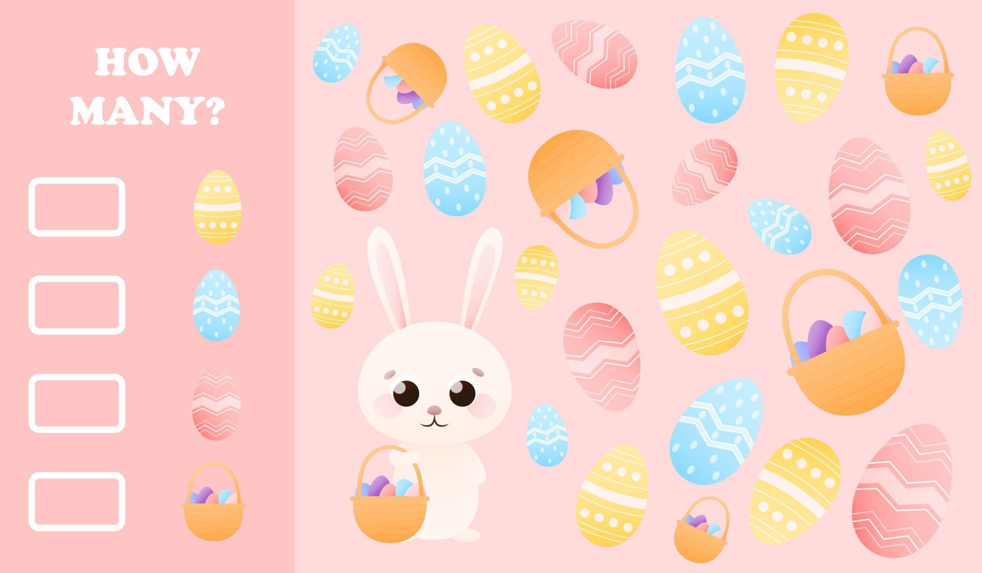 Cute childish educational riddle with easter bunny holding basket with