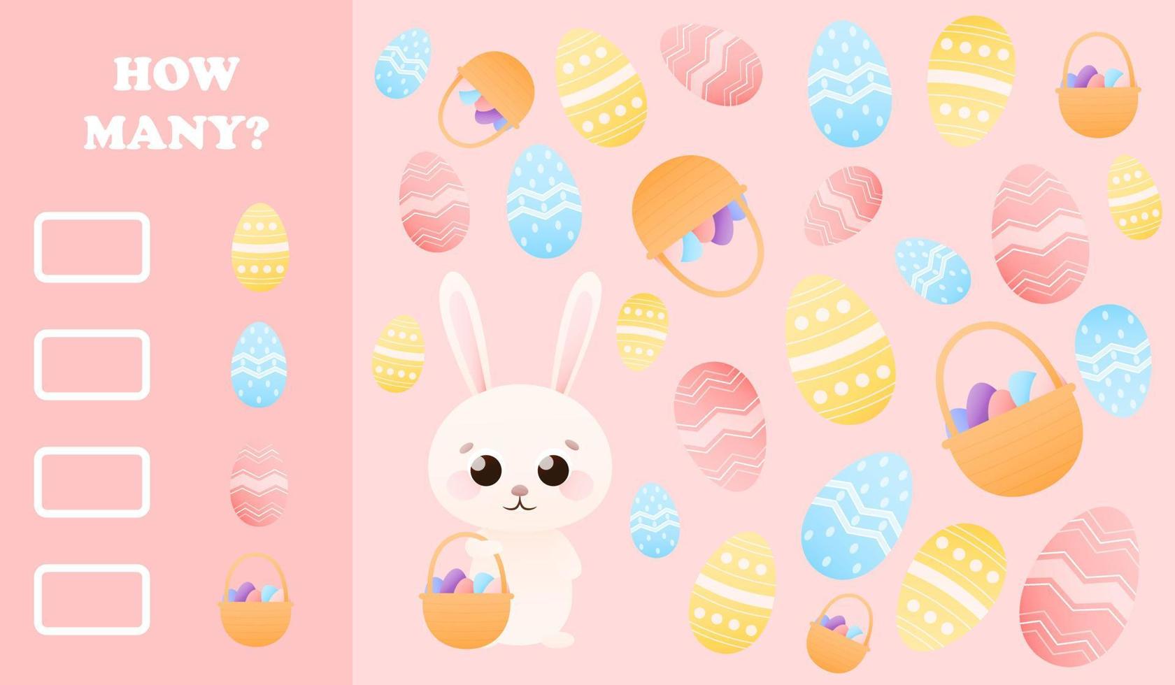 Cute childish educational riddle with easter bunny holding basket with eggs on pink background, how many game for kids for children books or printable worksheets for school, kindergarten, Easter theme vector