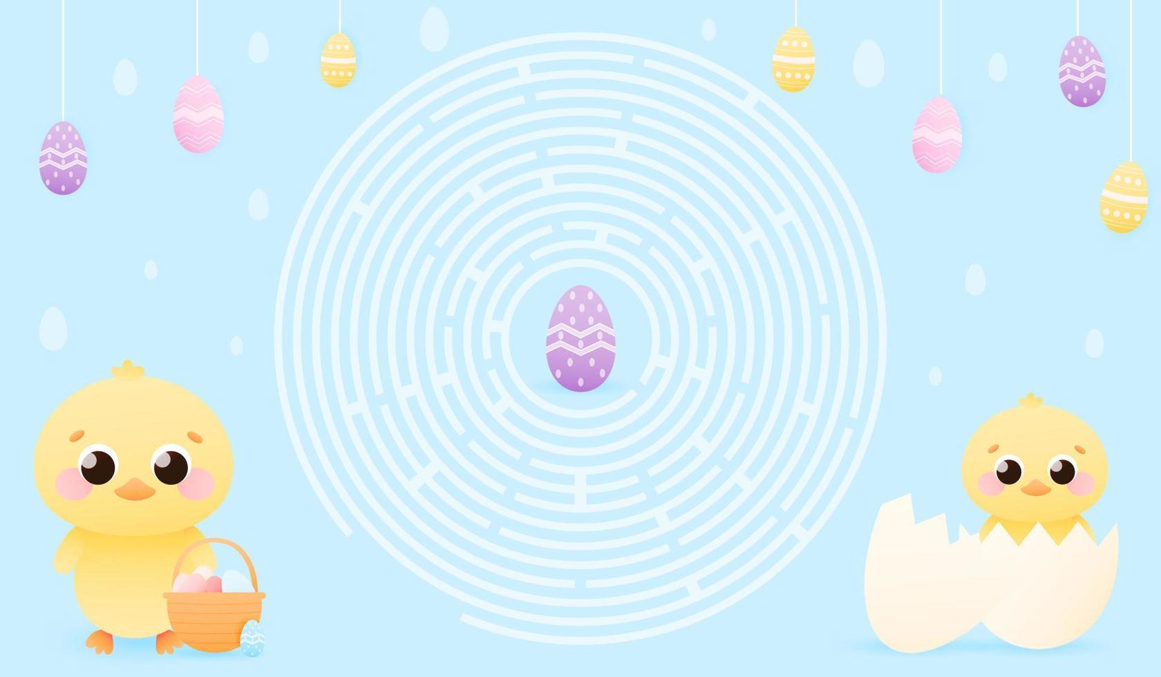 Easy children round labyrinth for books or worksheet, printable school activity, educational riddle for kids, easter concept for maze, cute chick character and painted eggs vector