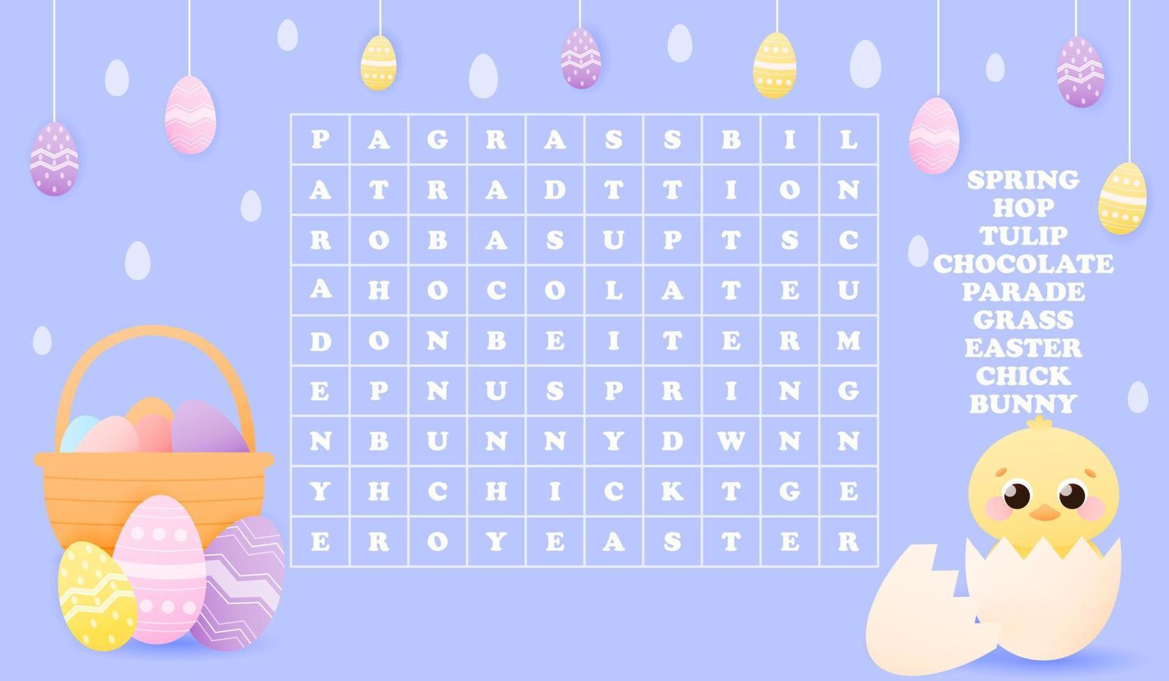 Cute little chick hiding in egg shell, easter eggs around and basket, word search puzzle for kis, worksheet for school or kindergarten, educational riddle, study english vector