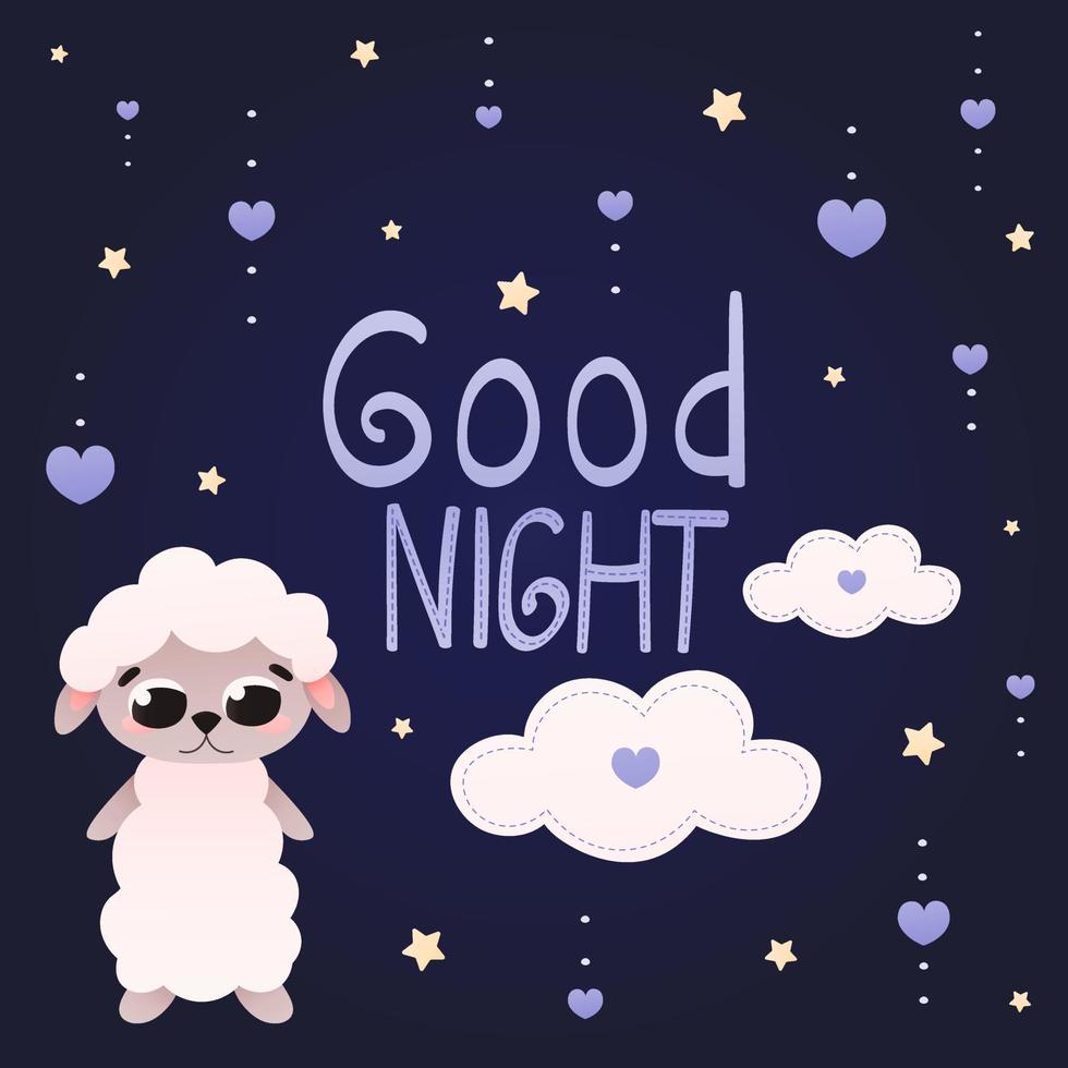 Good night greeting card for kids with cute cartoon animal character lamb with clouds and stars on dark background vector