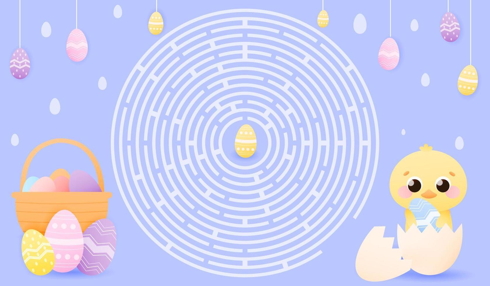 Easter maze for kids with cute chick character holding painted egg and sitting in egg shell, colourful childish riddle on pastel blue background for children's book or worksheet vector