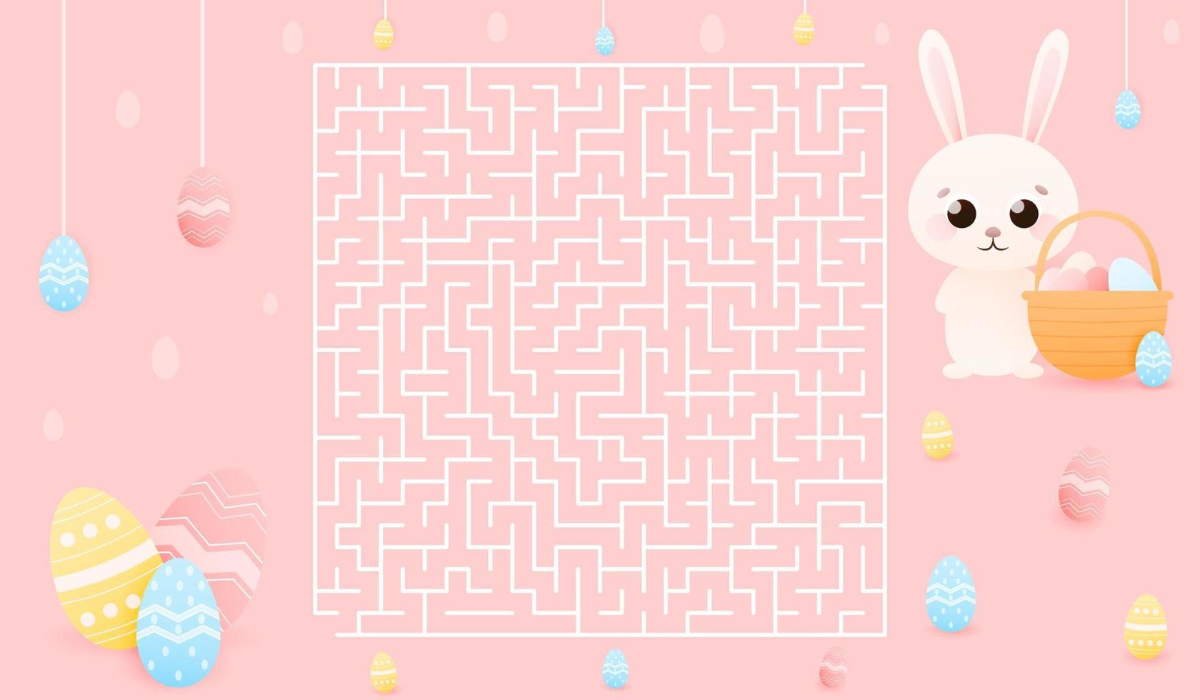 Easy labyrinth for kids, help easter bunny find way to painted eggs, educational riddle for childrens books or worksheet in school, cute animal character on pink background, spring holidays theme vector