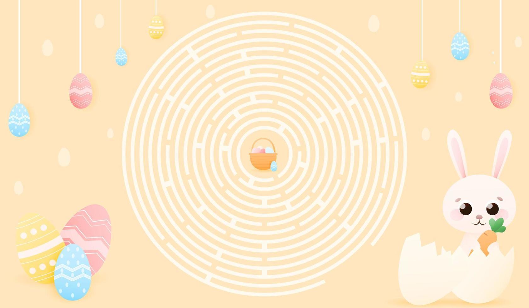 Printable educational maze for kids with cute easter bunny hiding in egg shell and holding carrot, easter theme for children books, worksheet for school or kindergarten vector