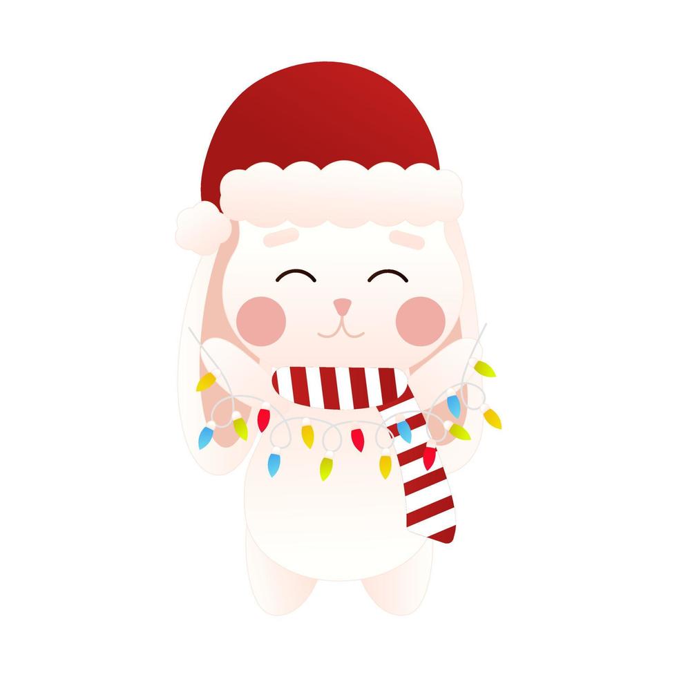 Cute bunny holding christmas lights garland in cartoon style, isolated on white background, clip art for poster design vector