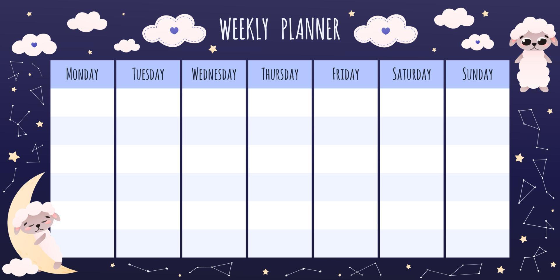 Cute childish weekly planner for kids with sheep sleeping, sweat dreams concept, night with stars and moon, clouds vector