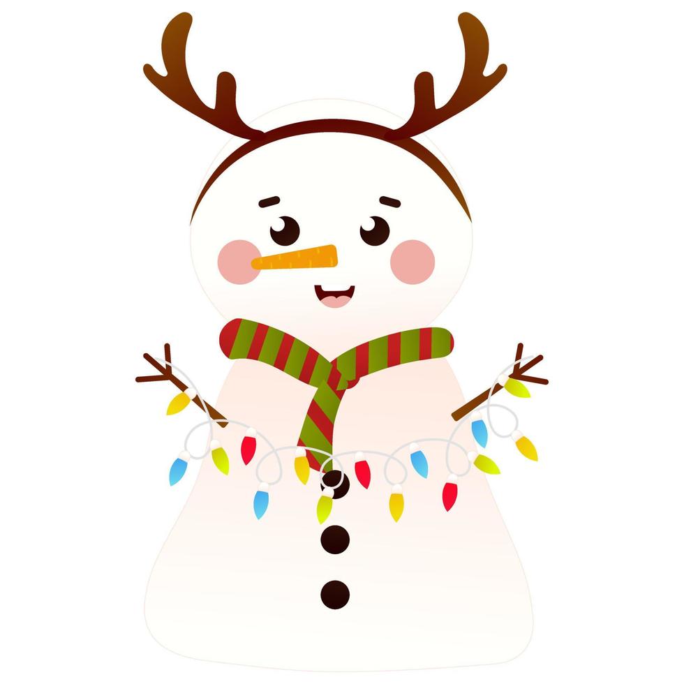 Cute snowman with reindeer headband holding christmas lights garland in cartoon style, isolated on white background vector