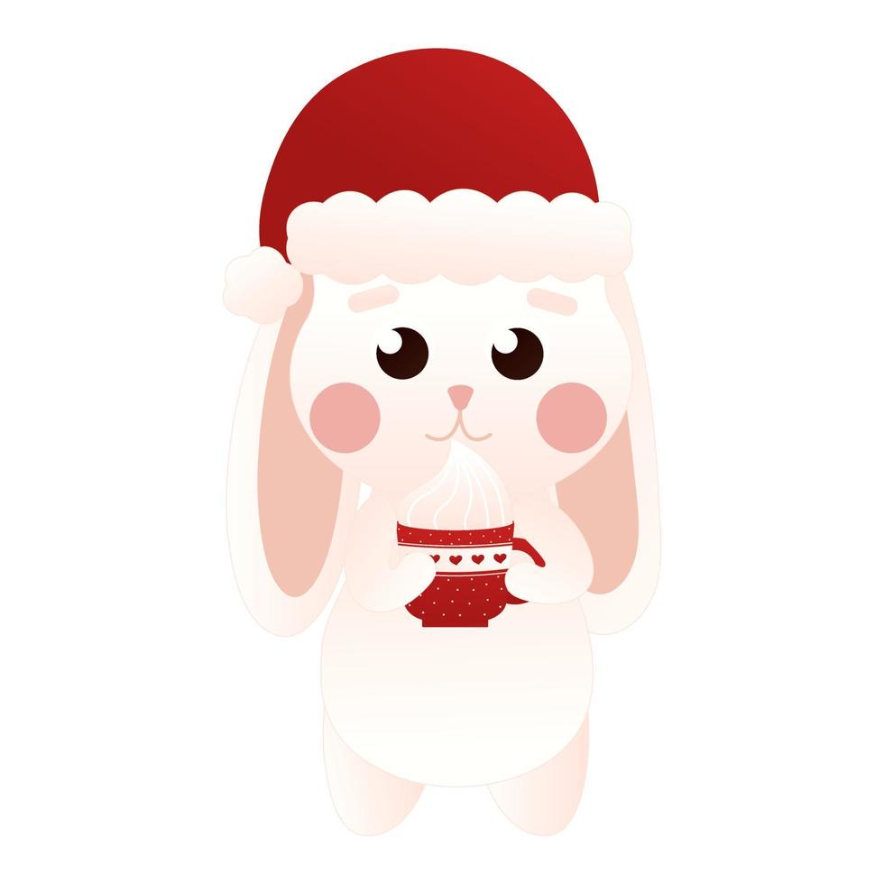 Cute bunny holding christmas hot chocolate in cartoon style, isolated on white background, clip art for poster design vector