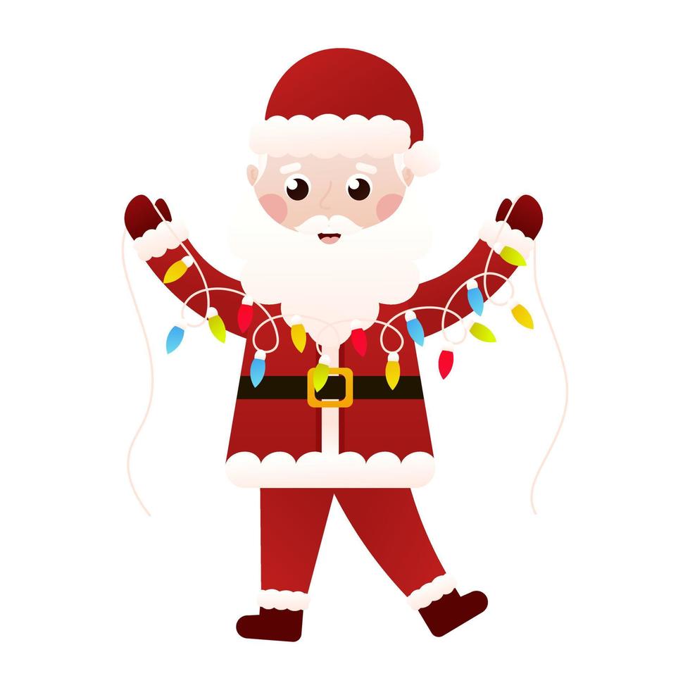 Santa Claus holding christmas lights garland in cartoon style on white background, clip art for poster design vector